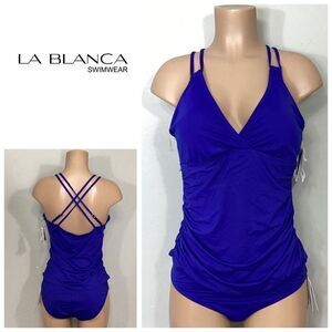 New. La Blanca Blue ruched V-neck underwire tankini set. Size 14/L